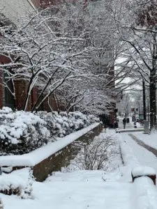 The snow-covered hotel in Alexandria, Virginia, where the scholars met for the HPRS Winter Writing Retreat.