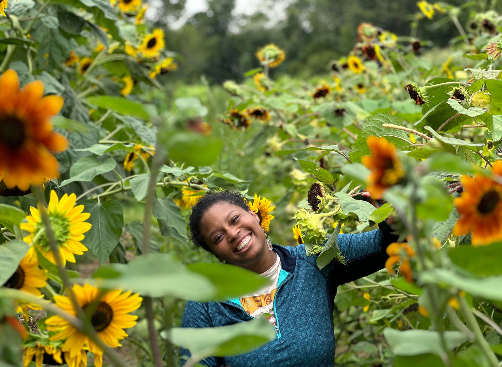 Dr. Ashley B. Gripper standing smiling in a field of sunflowers. IMAGE: OWEN TAYLOR / TRUE LOVE SEEDS